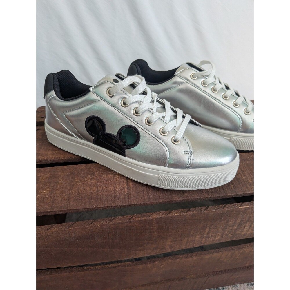 Disney Mickey Mouse Womens 10 Sneakers Silver with Mickey Ears Shoes Lace Up